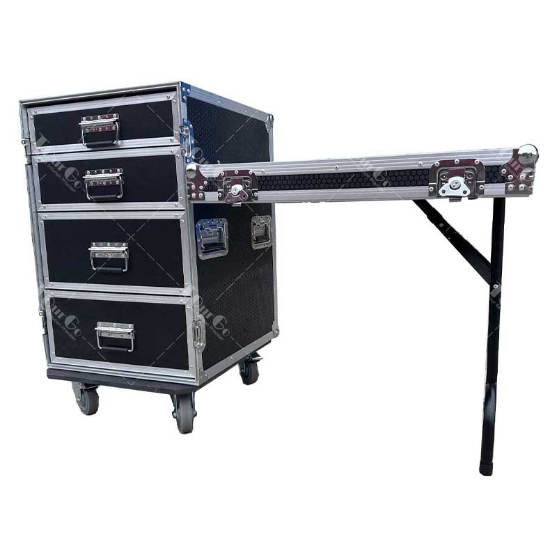 Four level drawers box flight case witth siding table