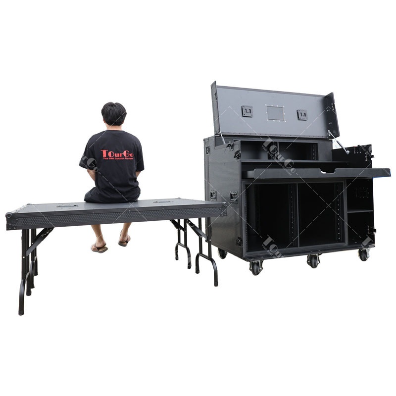 Black Finish Mobile AV Broadcasting Streaming Recording Studio Workstation Case with 2x 4U Top 2x 12U Bottom