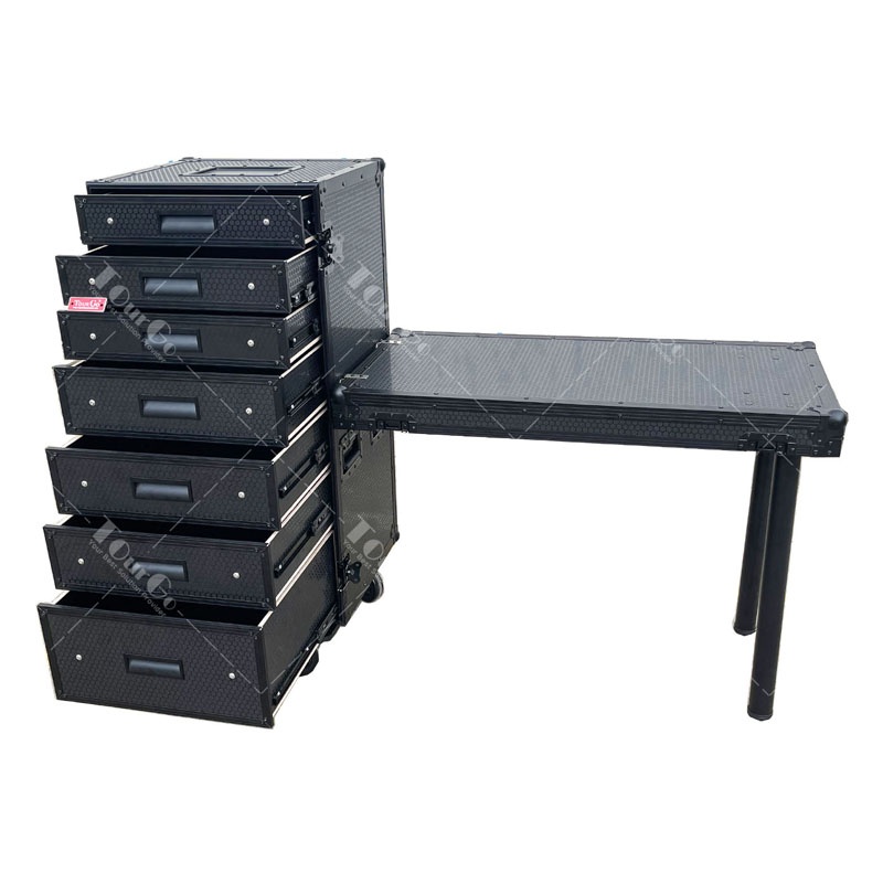 Blackmagic 7 drawer workstation flight road case To Carry Tools Of Various Sizes W-Folding Lid Side Table