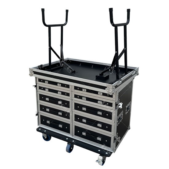 Custom black 10 drawer flight case with table