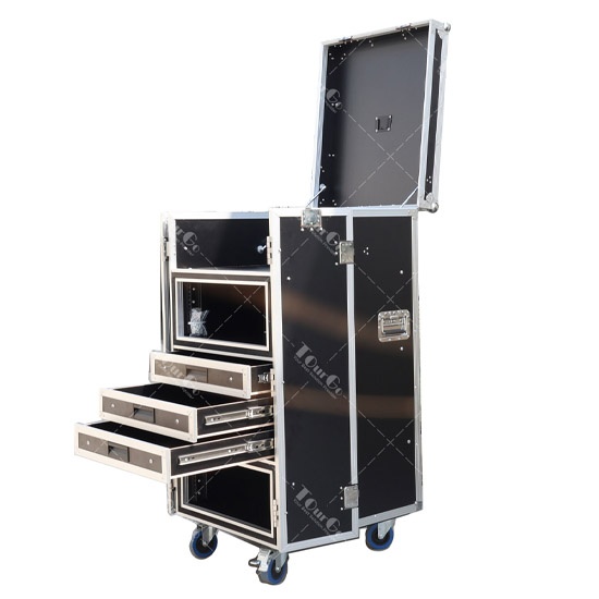 Single 17-24 inch video production workbench flight case with 2 X 4U rack