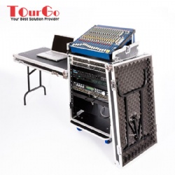 16U DJ WORKSTATION FLIGHT CASE RACK WITH SIDE TABLES AND 10U MIXER SLANT