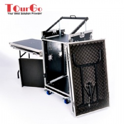 16U DJ WORKSTATION FLIGHT CASE RACK WITH SIDE TABLES AND 12U MIXER SLANT